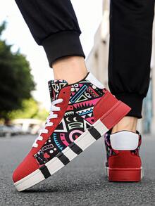 Men's Geometric Pattern Random Graffiti Print High-Top Lace-Up Red Stylish Sneakers, Versatile Rubber Anti-Slip Durable Sole, Suitable For Outdoor Sports For Teenagers - Black and Red - View 9