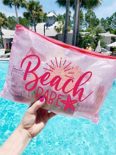 Fashionable Waterproof PVC Colorful Letter Print A4 Beach Bag, Transparent Nylon Zipper Cosmetic Bag, Suitable For Swimming, Diving And Summer Vacation, Lightweight, Suitable For Young Men And Women, Essential Beach Bag For Travel