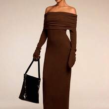 Women's Solid Color Off Shoulder Long Sleeve Casual Long Dress,Party Women Outfits,Women Clothes - Albaricoque - Ver 7