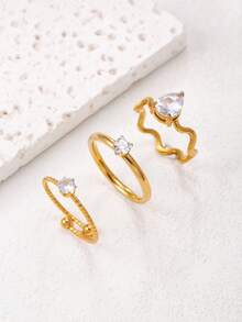 Juego de anillos apilables de acero inoxidable chapado en oro de 18K con incrustaciones de diamante de imitación, diseño minimalista de corazón y gota de agua, anillos de amistad versátiles para uso diario - Dorado - Ver 9