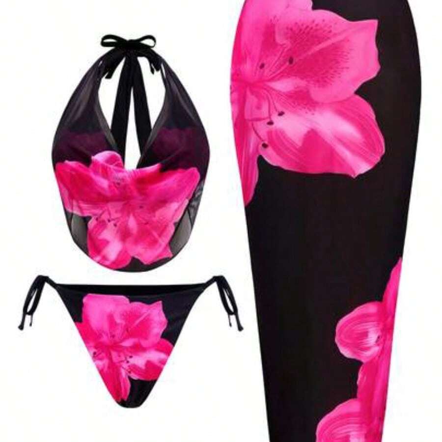 Swim Oasis Plus Size Women Summer Beach Floral Print Halter Tie Sexy Bikini Set With Sarong Skirt Hibiscus Swimsuit Swimwear 3 Pieces Set Valentines Bikini Set With Cover Up Three-Piece Bathing Suit Swimsuit Set With Cover Up - Negro - Ver 1