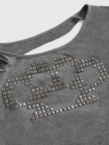 ROMWE Grunge Punk Camiseta corta holgada con hombro asimétrico, espalda abierta y rasgada - Gris - Ver 3
