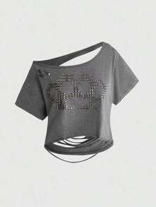 ROMWE Grunge Punk Camiseta corta holgada con hombro asimétrico, espalda abierta y rasgada - Gris - Ver 11