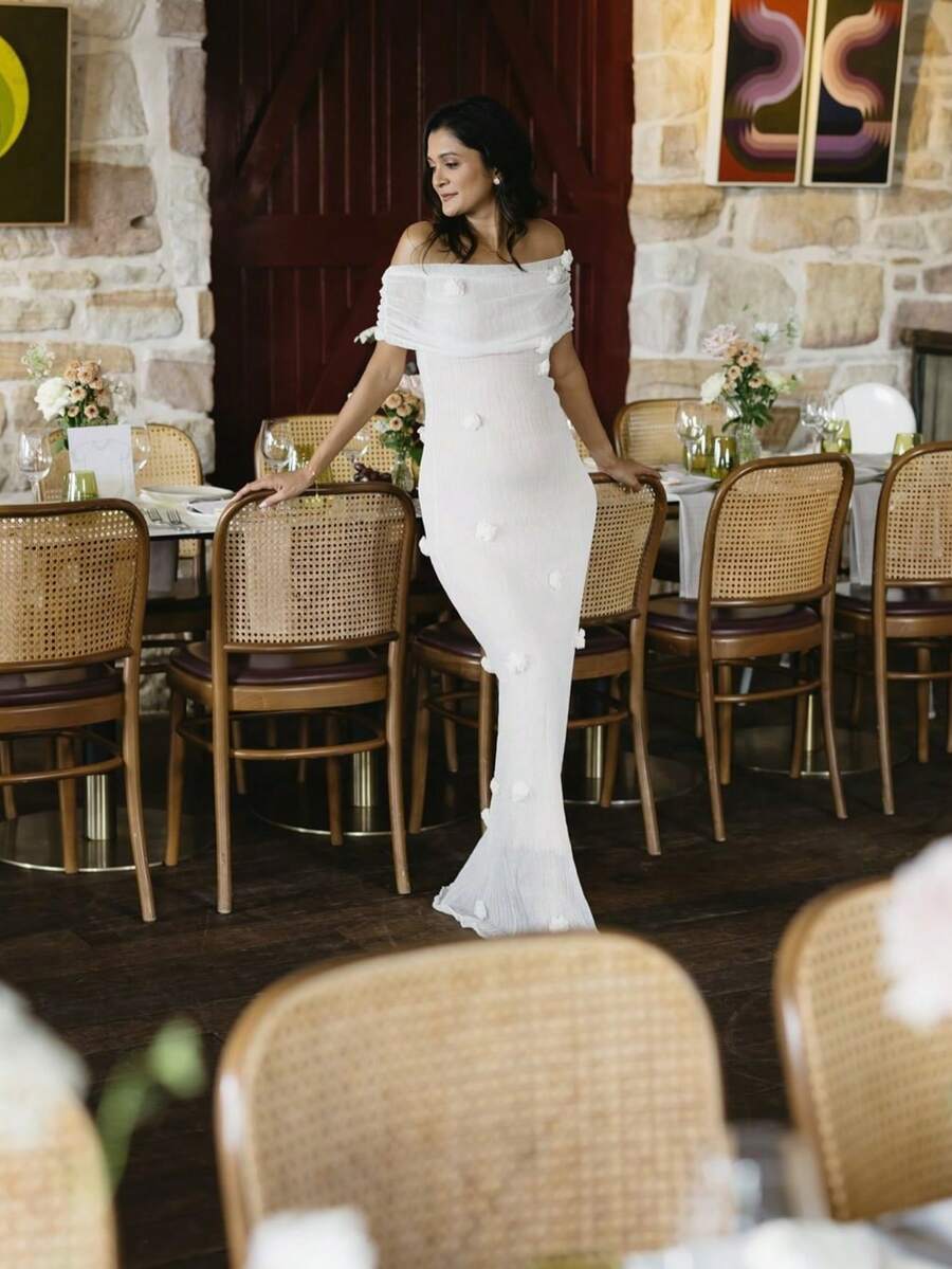 Nuevo vestido largo de borrador de pecho de vacaciones para mujeres mujeres mujeres delgadas, flores de caderas, hombro con hombro vestido largo - Blanco - Ver 1