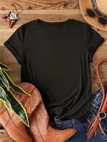 Women's Casual Black T-Shirt with American Flag Graphic Print, Short Sleeve Round Neck Drop Shoulder Tee, Regular Length Knitted Fabric Top for Streetwear Style - Negro - Ver 4