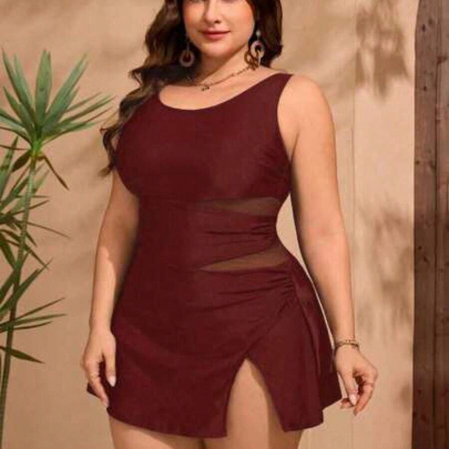 Swim Lushoire Plus Size Women's High-End Solid Color Splicing Mesh Wide Strap Slit Elegant Summer Beach Vacation One-Piece Swimsuit - Burdeos - Ver 1