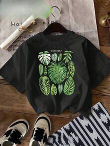 Women's Short-Sleeved T-Shirts, Round Neck, 100% Cotton, Tropical Monstera And Philodendron Leaf Print,  Casual T-Shirt For Summer, Ladies' T-Shirts. - 黑色 - 查看 4