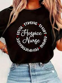 Gifts For Hospice Nurses, Nursing Graduation T-Shirt With Medical Love Message, Short Sleeve, Round Neck, Casual Top For Summer And Spring, Women's Clothing - 黑色 - 查看 1