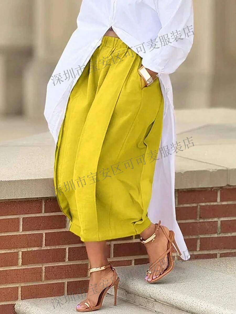 High Waist Pleated Wide Leg Culottes, Casual & Streetwear - Autumn Fragrance Yellow - View 1