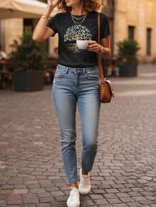 Women's Casual T-Shirt With Tree Of Life Print, Round Neck And Short Sleeves, Comfortable And Breathable For Everyday Wear, Spiritual Nature And Tree Casual T-Shirt - 黑色 - 查看 2