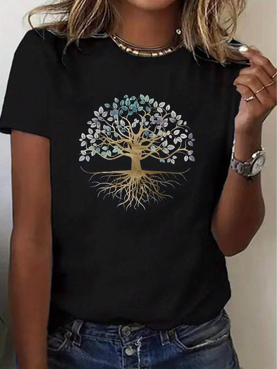 Women's Casual T-Shirt With Tree Of Life Print, Round Neck And Short Sleeves, Comfortable And Breathable For Everyday Wear, Spiritual Nature And Tree Casual T-Shirt - 黑色 - 查看 1