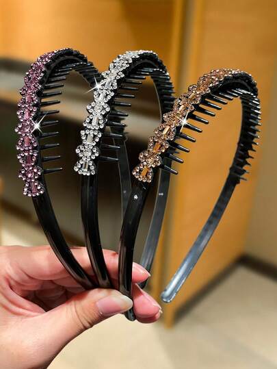 3pcs Women's Luxury Rhinestone Bow Headbands, Vintage Elegant Style, Hair Accessories With Anti-Slip Teeth Design, Suitable For Casual, Shopping, Travel, Dating