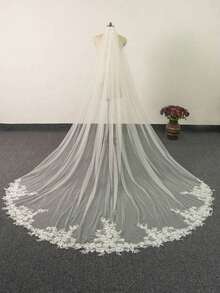 1 Pc Cathedral Length(118inch) Lace Floral Wedding Bridal With Metal Comb Bride Party White Ivory Fall Clothes Women - 多色的 - 查看 10