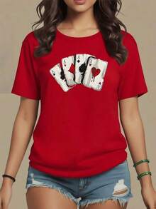 Poker Cards With Marked Aces Symbolizing Luck And Passion In Every Play, Women's T-Shirt Made Of Soft And Comfortable 100% Cotton Fabric, Ideal For Wearing With A Casual Attitude, Maija Woman. - 紅色 - 查看 8
