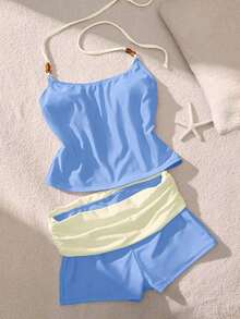 Conjunto de tankini de contraste de color para mujer/ropa de playa/casual/estilo Y2K/básico/vuelta al colegio vacaciones de verano - Azul - Ver 8