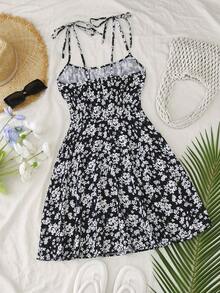 Vestido mini con tirantes de espagueti y estampado floral ditsy con lazo - Negro 3 - Ver 2