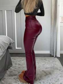 Pantalones acampanados de piel sintética recubierta para mujer, pantalones de tiro alto con ajuste ceñido, elegantes para fiesta, ir al trabajo, vacaciones, festival de música, pantalones rectos casuales, ropa de primavera/verano, talla grande vendido, negro intenso de invierno - Burdeos - Ver 4