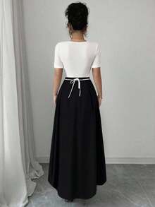 Vestido de mujer qipao elegante y entallado a la cintura, con manga corta, cuello cuadrado, diseño de lazo en la cintura y estampado floral de estilo chino novedoso - Multicolor 2 - Ver 2