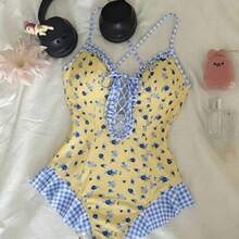 MOD Ruffle Patchwork Front-Tie Strawberry Print Contrast Color One-Piece Swimsuit, Cute, Kawaii - Amarillo - Ver 1