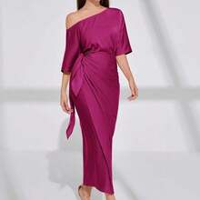 Asymmetrical Neck Batwing Sleeve Wrap Hem Satin Dress For Holiday Party Clothes Maxi Women Outfit Long Evening Dresses - Rojo violeta - Ver 2