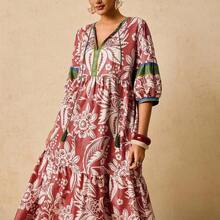 Plus Size Women's Pink & Green Tropical Plant Print Maxi Dress, V-Neck Tie Bow Long Sleeve Loose Casual Dress, Early Autumn Boho Dress Women Summer Dresses For Women With Sleeves Resort Dresses For Women Floral Print Dress French Dresses For Women Autumn Dress Going Out Dress Fall Clothes Fall Clothes Plus Size Autumn Clothes Wedding Guest Dress Elegant  Old Money Beach Outfits For Woman Resort Wear Women Ibiza Outfit - Multicolor - Ver 2