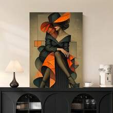 Enmarcado  abstracto 2D plano, 1 pieza, Mujeres con sombreros,  - Lienzo moderno de moda con marco de , Decoración envolvente para colgar, Adecuado para el hogar, la oficina, el dormitorio, la cafetería - Elegante regalo de inauguración de casa para Navidad,  plano 2D - Enmarcado - Ver 2