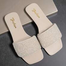Plus Size Women's White Rhinestone Slippers, Flat Sandals Size 41-43 - White - View 13
