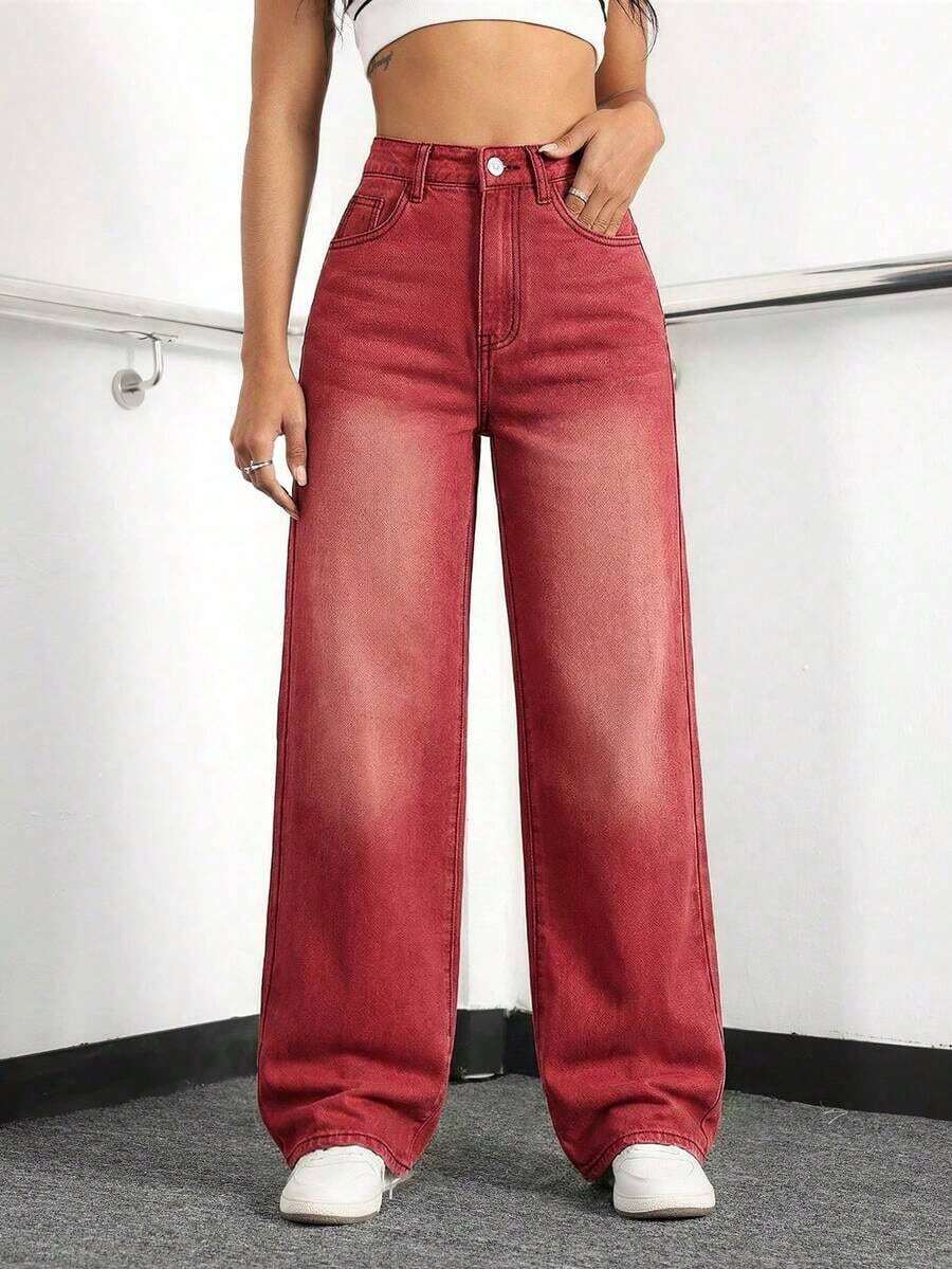 Women's Pocket Button Casual Versatile Daily Wear Wide Leg Jeans - Rojo - Ver 1