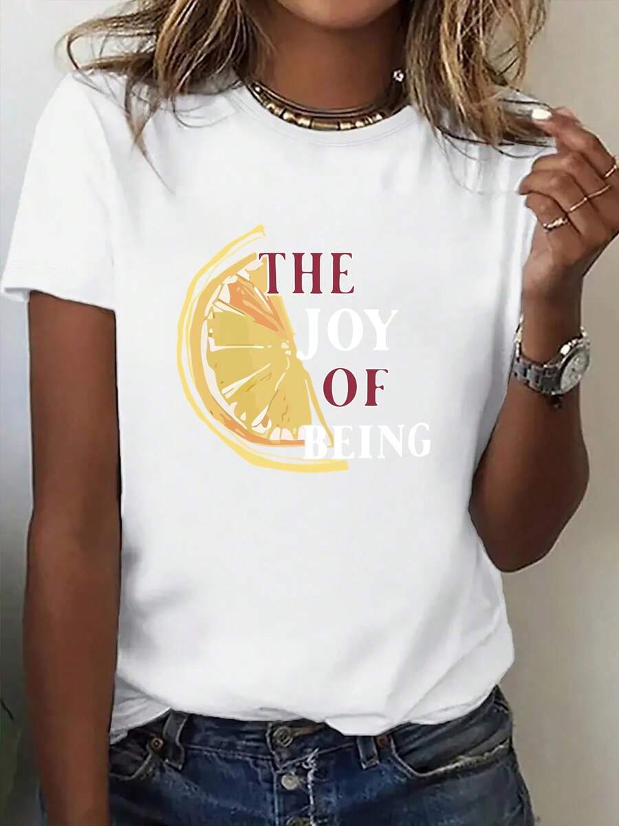 A Women's Short-Sleeved Printed T-Shirt With A Fresh, Artistic Style, A Crew Neck, And A Vibrant Lemon-Themed Print. This Comfortable T-Shirt Is A Staple For Spring And Summer. - 白色 - 查看 1