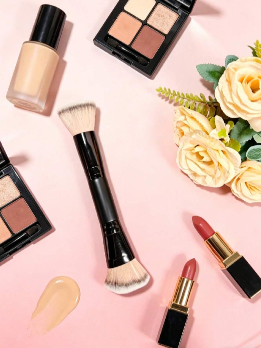 Brocha de maquillaje 2 en 1 negra, adecuada para el maquillaje facial diario y rutinas de cuidado de la piel profesional, herramienta de belleza profesional