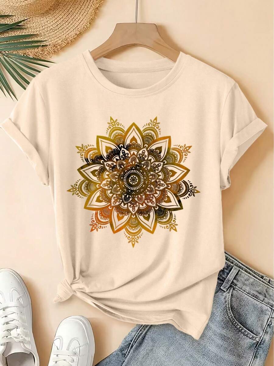 Spring/Summer 2026, New Women's Short Sleeve T-Shirt With Round Neck And Gradient Mandala Print, Distressed Vintage Style, Casual Sports Top, Soft Knit Fabric, High-Quality Women's Clothing. | Fun And Original Design | Fun And Youthful T-Shirt - Unisex Vintage Urban Style, Loose Fit, Cotton, Short Sleeve And Round Neck - 杏色 - 查看 1