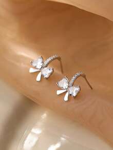 1 Pair S925 Sterling Silver Elegant Bowknot Earrings, Inlaid With Shiny Synthetic Cubic Zirconia, Luxurious Refined Versatile Earrings, Suitable For Girl's Daily Wear, Party Decoration Matching, Perfect Gift - Bow - View 3