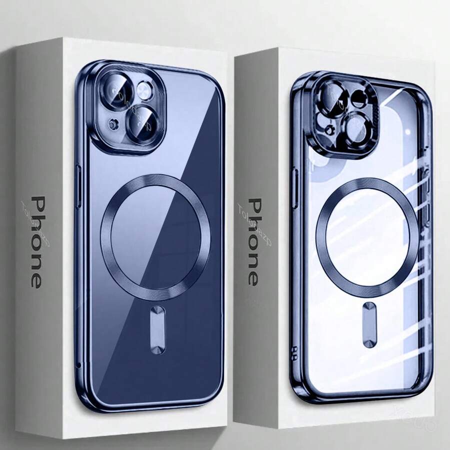 Phone Case: Luxury Plating Transparent Magnetic Wireless Charging Phone Case For IPhone Models 11 12 13 14 15 16 17 Pro Max Plus, Featuring A Clear Design That Is Shockproof And Includes A Lens Film. - Golden - View 1