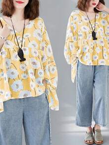 Áo kiểu nữ cổ chữ V tay cánh dơi in hoa, kiểu dáng rộng rãi thoải mái bằng chiffon, thích hợp cho kỳ nghỉ. - Vàng nhạt - Xem 3