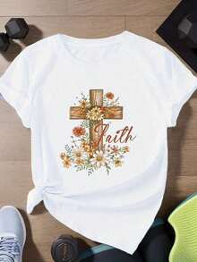 1 pieza [Camiseta Deportiva] Camiseta Deportiva de Manga Corta para Mujer con Diseño Floral de Cruz Inspirado en la Fe |     Corte relajado |     180g 100% Algodón - Blanco - Ver 1