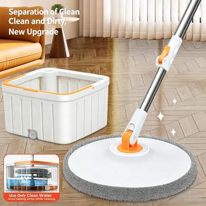 Mopa giratoria de 360° con cubo - Mopa de limpieza de piso autogiratorio sin manos, cabezal de mopa de microfibra para limpieza húmeda/seca, mango ajustable de acero inoxidable, apto para pisos de madera y baldosas, sin necesidad de lavar a mano