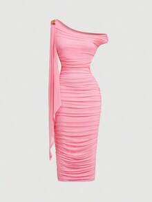 Vestido de longitud media con hombro asimétrico ajustado, fruncido y decoración de hebilla metálica para mujer - Rosa - Ver 5