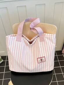 Striped Letter Collegiate Style Women Tote Bag, Casual Large Capacity Student Backpack, Reversible Design For School/Campus - Baby Pink - View 3