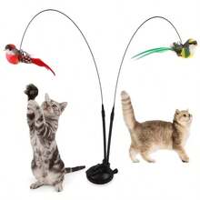 Vara interactiva para gatos con varillas dobles largas y base con ventosa fuerte, juguete de mano para gatos con plumas artificiales en rojo/verde, hecho de poliéster apto para gatitos y gatos adultos para jugar en interiores y exteriores - Ver 7