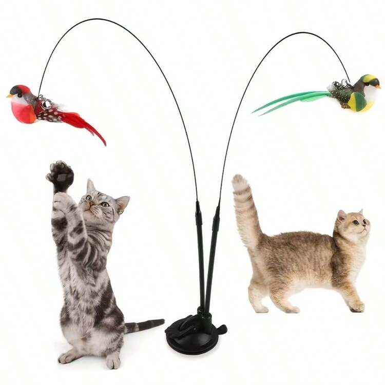 Interactive Cat Teaser Wand With Long Double Rods And Strong Suction Cup Base, Handheld Cat Toy With Artificial Feathers In Red/Green, Made Of Polyester Suitable For Kittens And Adult Cats For Indoor And Outdoor Play - View 7