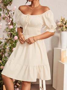 Vestido de manga abullonada con volantes y nudo delantero para el verano, ropa para Año Nuevo - Albaricoque - Ver 3