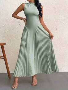 Vestido elegante de línea A ajustado con pliegues para mujeres - Verde - Ver 6