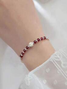 S925 Sterling Silver Exquisite Red Garnet Gemstone With Sparkling Sand Beads, Lucky Silver Beads, Fashionable Versatile Elegant Bracelet, Perfect Gift For Family, Friends And Couples, High Quality (Suitable For Daily Wear) - Silver - View 3