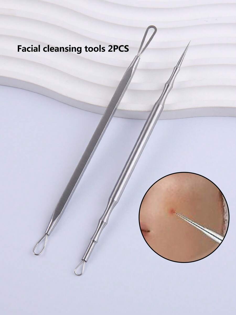 Bộ 2 dụng cụ lấy mụn đầu đen bằng thép không gỉ, thích hợp để làm sạch da mặt, trị mụn trứng cá, mụn đầu trắng, mụn đầu đen, màu bạc. - Nhiều màu - Xem 1