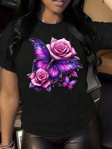 1 pcsCamiseta negra para mujer con estampado de rosas y mariposas vibrantes - Suave cuello redondo, manga corta, diseño único, lavable en máquina - Ideal para uso casual de primaveraveranootoño, camiseta de mariposa180g 100% Cotton - Negro - Ver 1