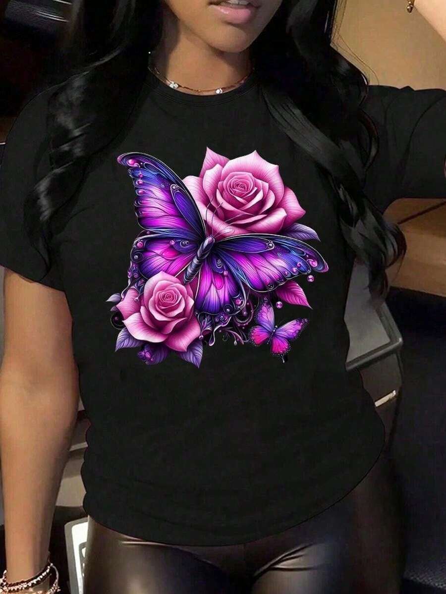 1 pcsCamiseta negra para mujer con estampado de rosas y mariposas vibrantes - Suave cuello redondo, manga corta, diseño único, lavable en máquina - Ideal para uso casual de primaveraveranootoño, camiseta de mariposa180g 100% Cotton - Negro - Ver 1