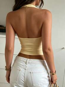 Women's Ribbed Knit Halter Neck Crop Top, Backless Slim Fit Sleeveless Scoop Neck Tank Top For Summer, Party, Vacation And Casual Wear - Yellow - View 2