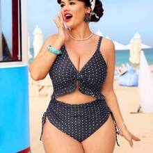 Swim Chiccia Plus Size Women One-Piece Swimsuit, Special Fabric, Deep V-Neck, Adjustable Straps, Removable Pads, Frill Trim, Drawstring Waist, Fashionable & Sexy, Casual Resort & Beach Style - Blanco y Negro - Ver 1