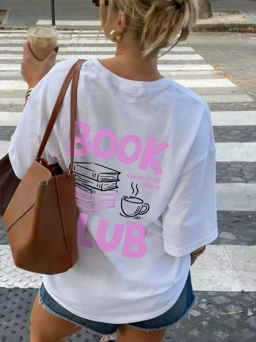Camiseta de manga corta blanca de cuello redondo con estampado de pila de libros en contraste negro y rojo, de moda y versátil para mujer-Breathable High Quality - Blanco 2 - Ver 1