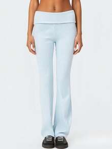 Women's Flared Pants Stylish Solid Color Ribbed Fold-down Waist Design Casual Slim Fit Bell Bottoms - Celeste - Ver 2